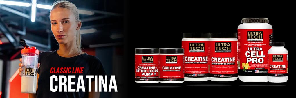 Línea de creatinas Ultra Tech con creatina monohidrato, Creatine Nitric Oxide Pump y Ultra Cell Pro junto a una persona con shaker durante un entrenamiento.