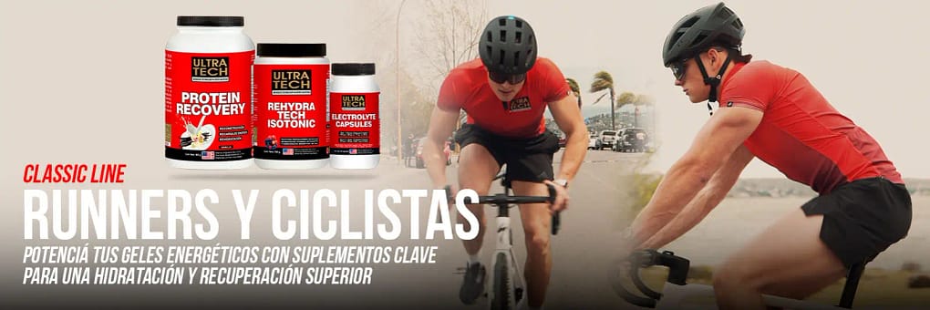 Suplementos Ultra Tech para runners y ciclistas con Protein Recovery, Rehydra Tech Isotonic y Electrolite Capsules para hidratación, recuperación y rendimiento deportivo.