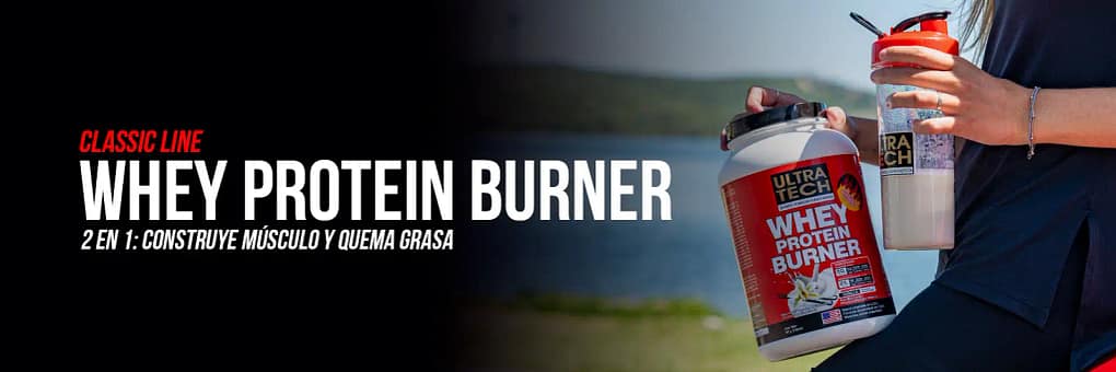 Whey Protein Burner Ultra Tech, proteína de suero en polvo con persona sosteniendo un shaker durante una rutina de entrenamiento al aire libre.