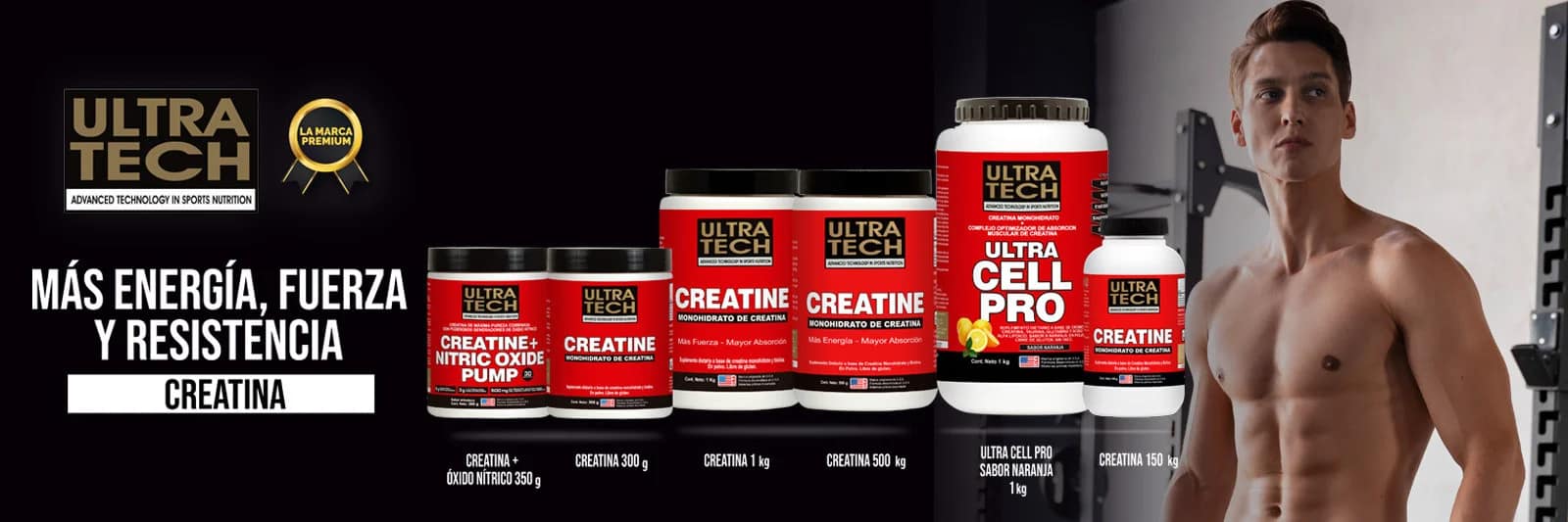 Línea de creatinas Ultra Tech con creatina monohidrato, Creatine Nitric Oxide Pump y Ultra Cell Pro para mejorar la fuerza, la energía, la resistencia y el rendimiento deportivo.
