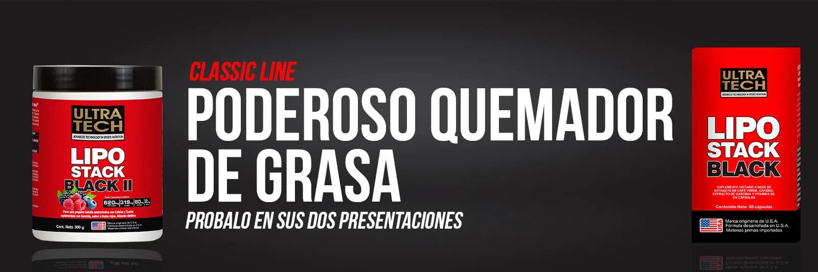 Lipo Stack Black Ultra Tech, suplemento quemador de grasa disponible en polvo y cápsulas para complementar el entrenamiento y el control del peso.