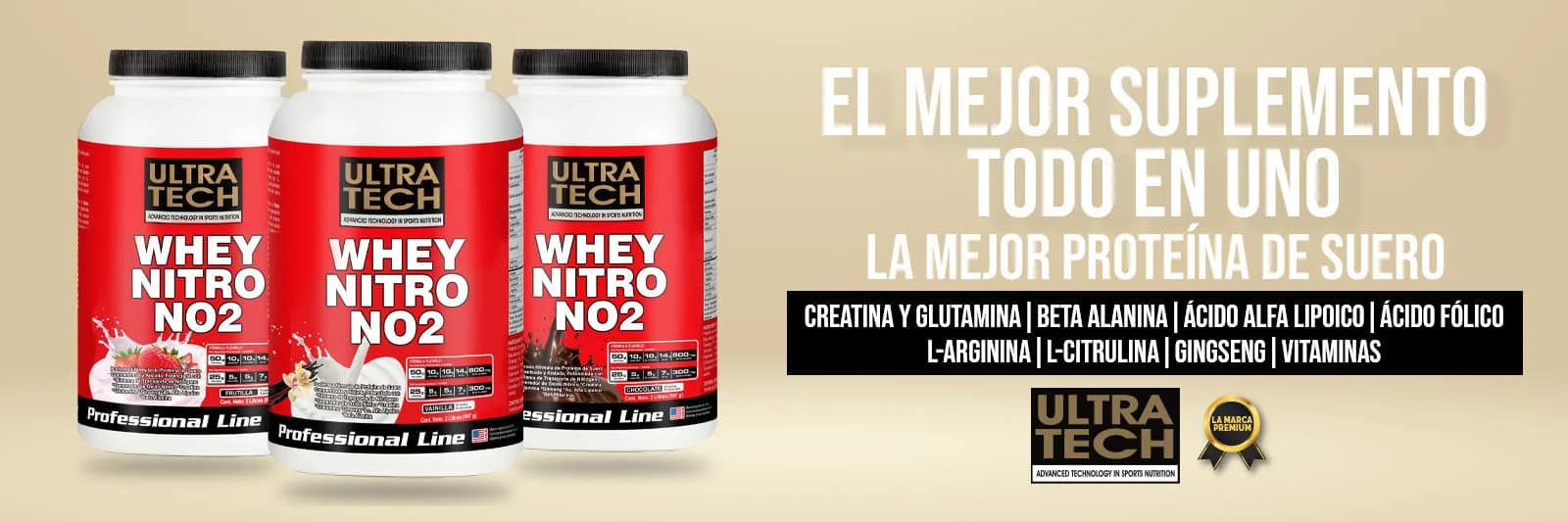 Whey Nitro NO2 Ultra Tech, suplemento de proteína de suero con creatina, glutamina, beta alanina, L-arginina, L-citrulina, ginseng, vitaminas y sabores frutilla, vainilla y chocolate.