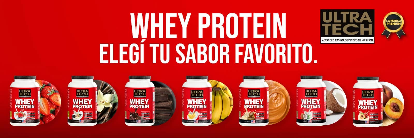 Whey Protein Ultra Tech disponible en sabores frutilla, vainilla, chocolate, banana, dulce de leche, coco y durazno.