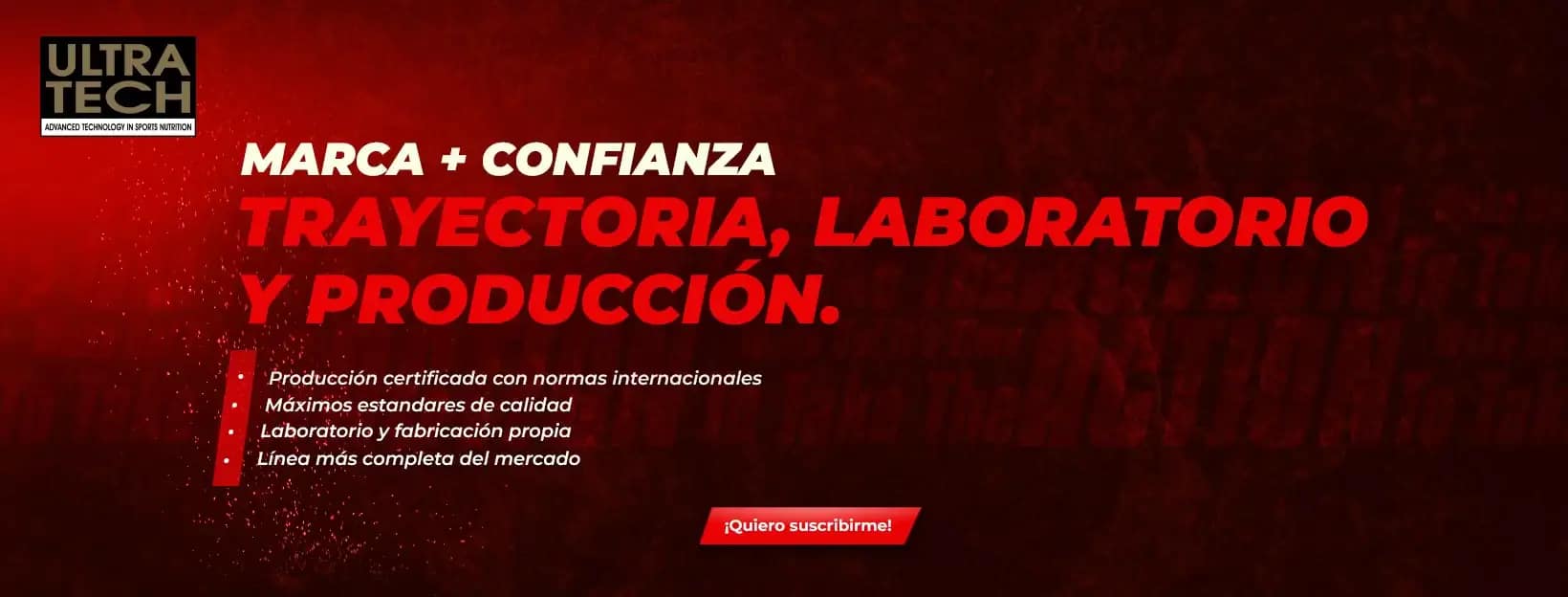 Banner institucional de Ultra Tech sobre calidad, producción certificada, laboratorio propio y fabricación de suplementos deportivos.