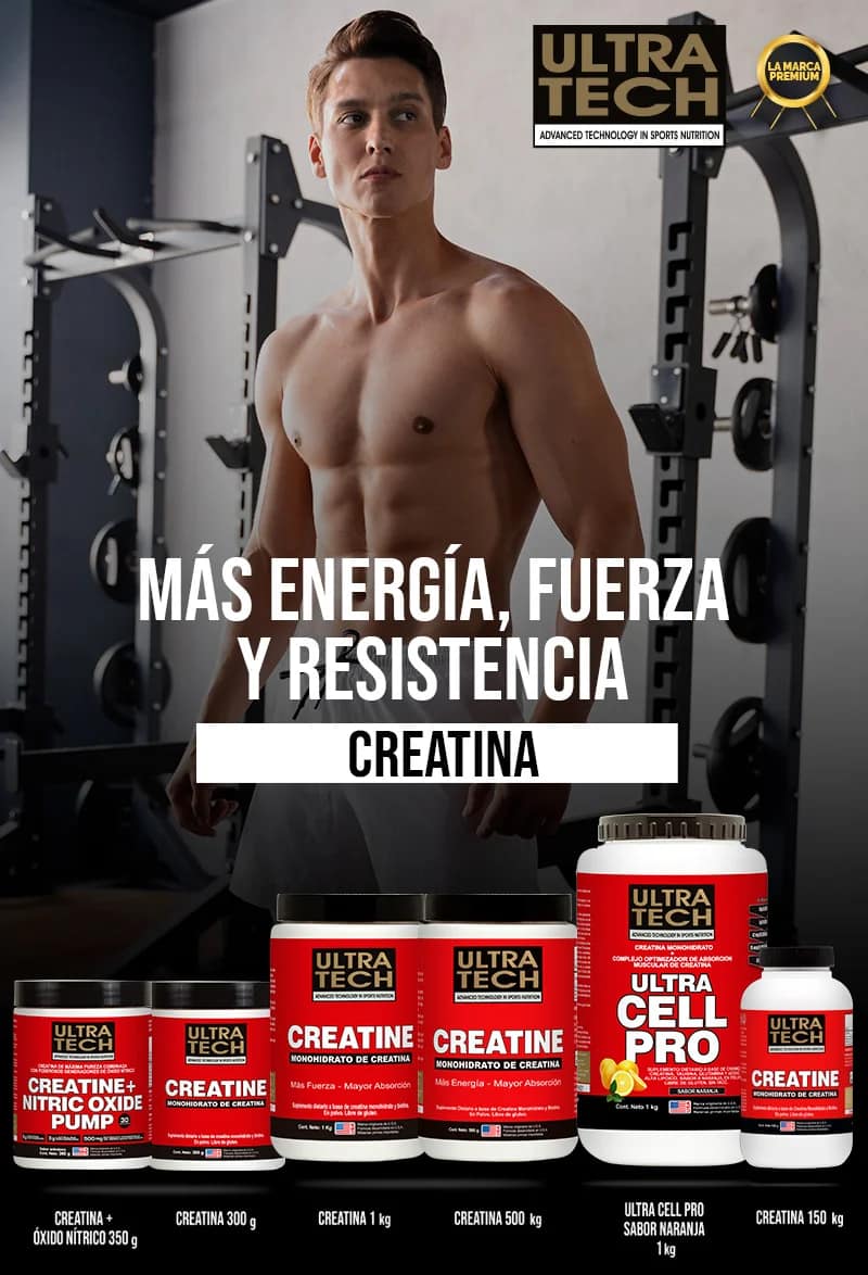 Línea de creatinas Ultra Tech con creatina monohidrato, Creatine Nitric Oxide Pump y Ultra Cell Pro para mejorar la fuerza, la energía, la resistencia y el rendimiento deportivo.