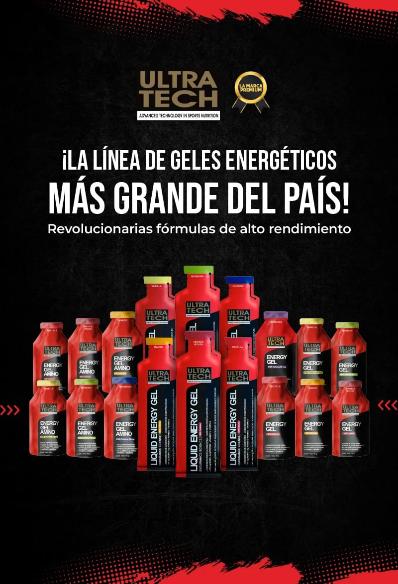 Línea de geles energéticos Ultra Tech con Energy Gel, Liquid Energy Gel y Energy Gel Amino para aportar energía rápida y mejorar el rendimiento deportivo durante entrenamientos y competencias.