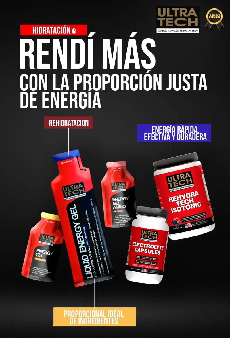 Línea de hidratación deportiva Ultra Tech con Energy Gel, Liquid Energy Gel, Energy Gel Amino, Rehydra Tech Isotonic y Electrolite Capsules para energía y rehidratación durante el entrenamiento.