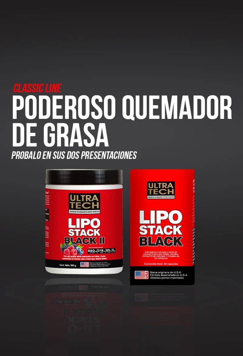 Lipo Stack Black Ultra Tech, suplemento quemador de grasa disponible en polvo y cápsulas para complementar el entrenamiento y el control del peso.